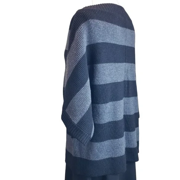 Tory Burch Heavy Warm 100% Wool Oversize Sweater Black Gray Wide Stripe M